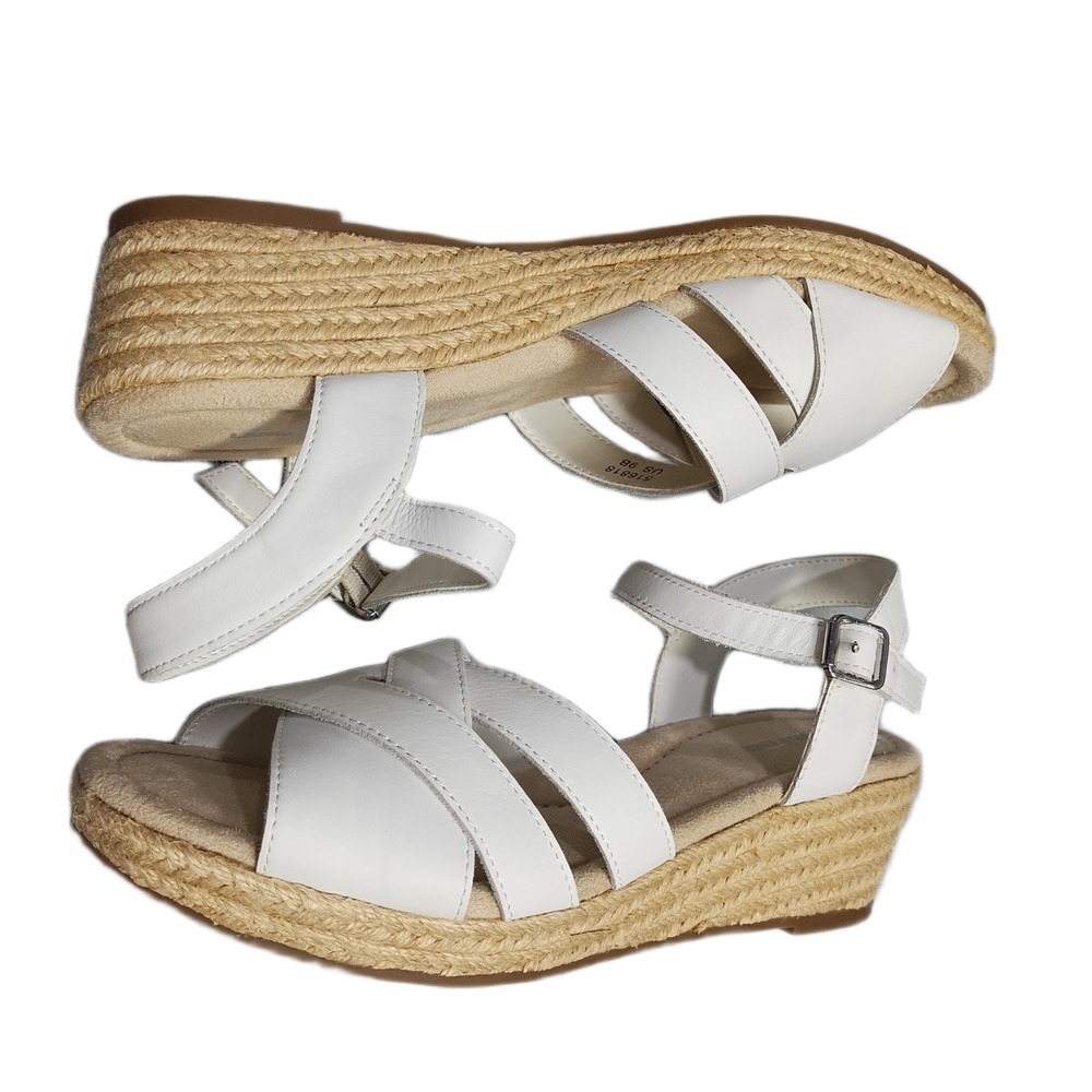 Lands' End Espadrille Wedge Sandals Womens US Size 9B White Ankle Buckle Strap